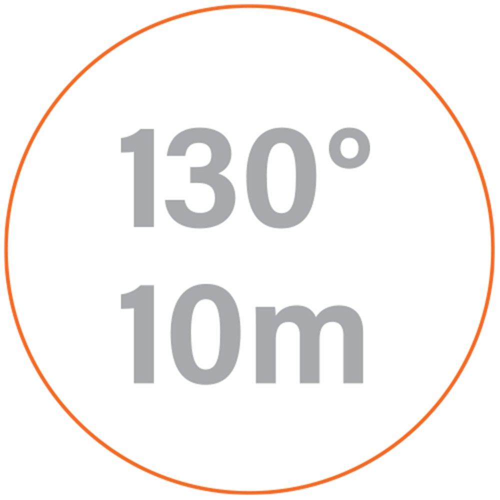 grey and white icon that says "130 degrees and 10 m"