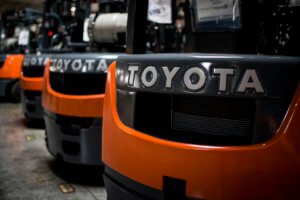 Close-up of Toyota brand on a forklift 