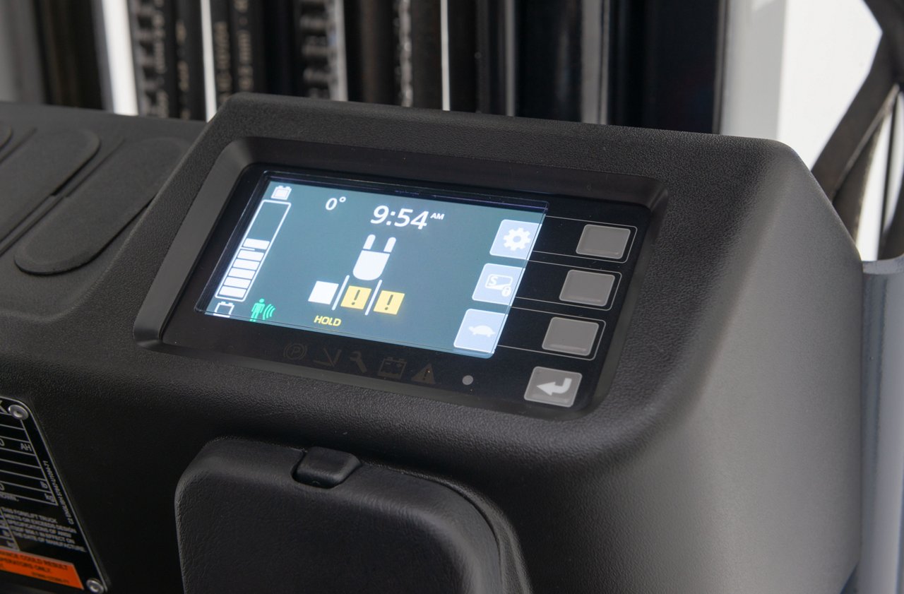 Close up to display screen on the 3 wheel electric forklift 