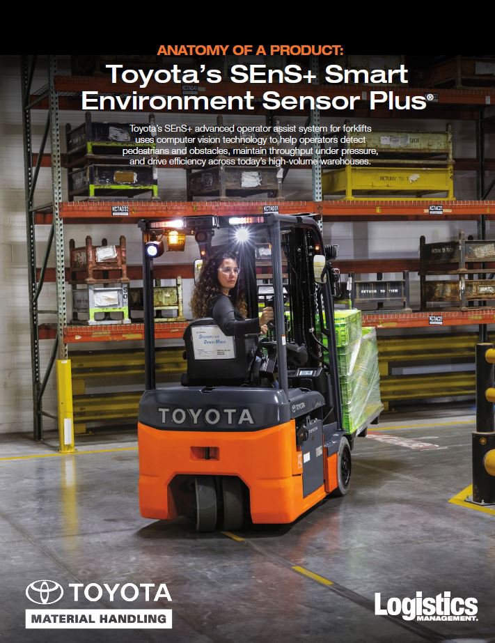 Whitepaper cover that shows young woman looking over her shoulder driving in reverse on a 3-Wheel Electric Forklift with SEnS+ Smart Environment Sensor Plus operator assist camera on the back to inform her when pedestrians or warehouse individuals are near the forklift