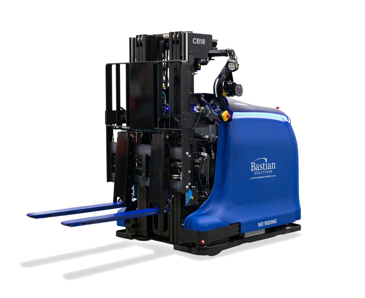blue automated forklift with forks shown with a white background that is used in warehouse environments