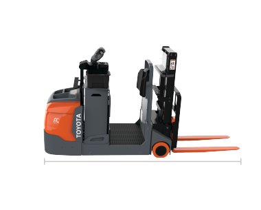 Image of orange and grey forklift and a grey bar underneath the image to represent the length of the forklift from tip of the fork to the end of the piece of equipment