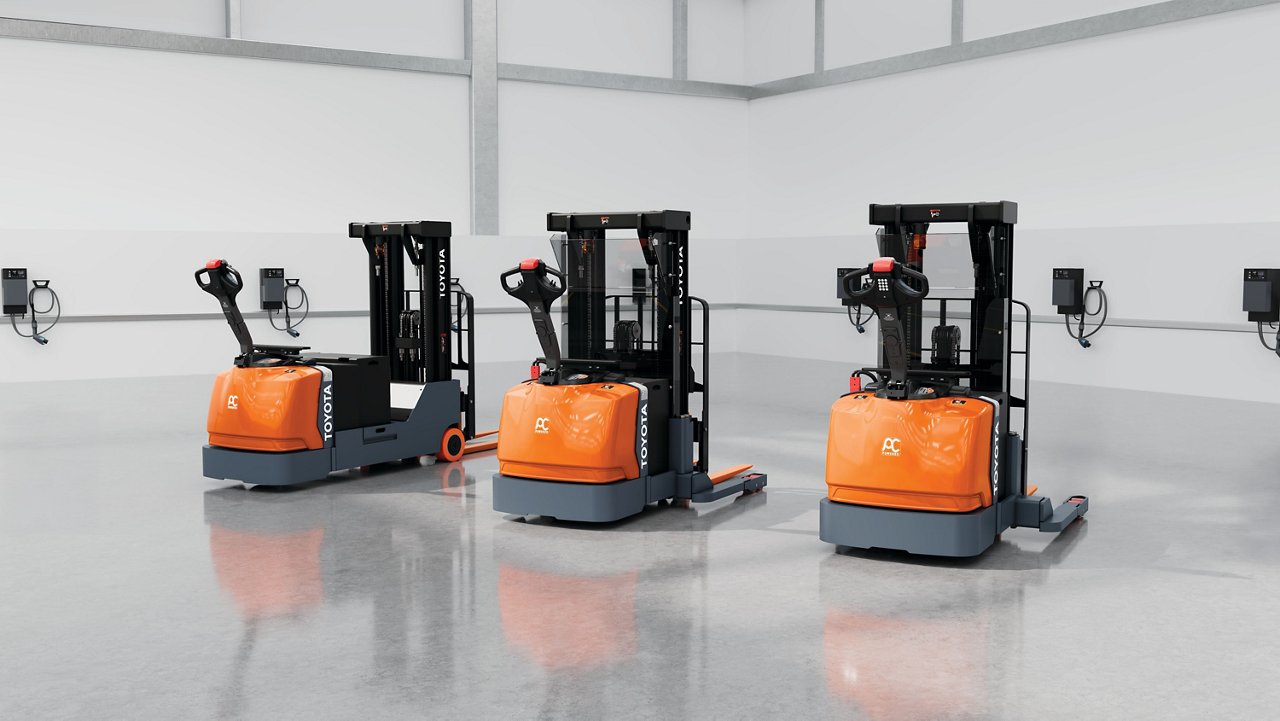 Toyota stackers: Counterbalanced, Walkie Reach, and Walkie Straddle Stacker used in warehouse environment 