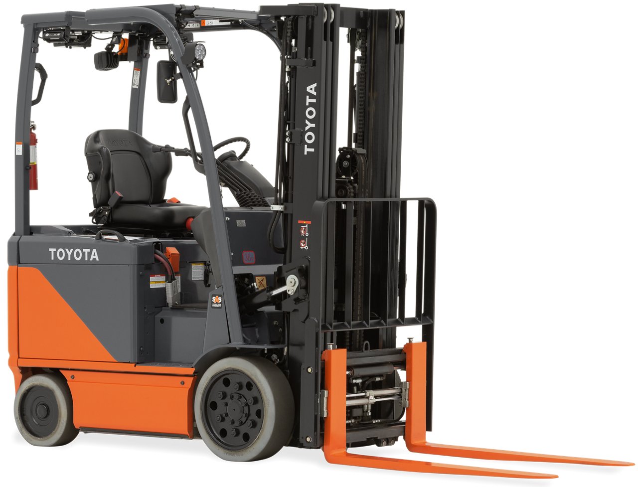 Image of Toyota Core electric forklift against a side flat white background 