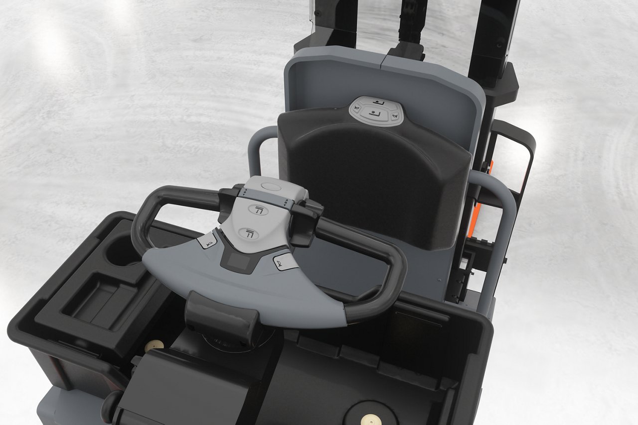 cushioned backrest on the back of the forklift for increased operator comfortability 
