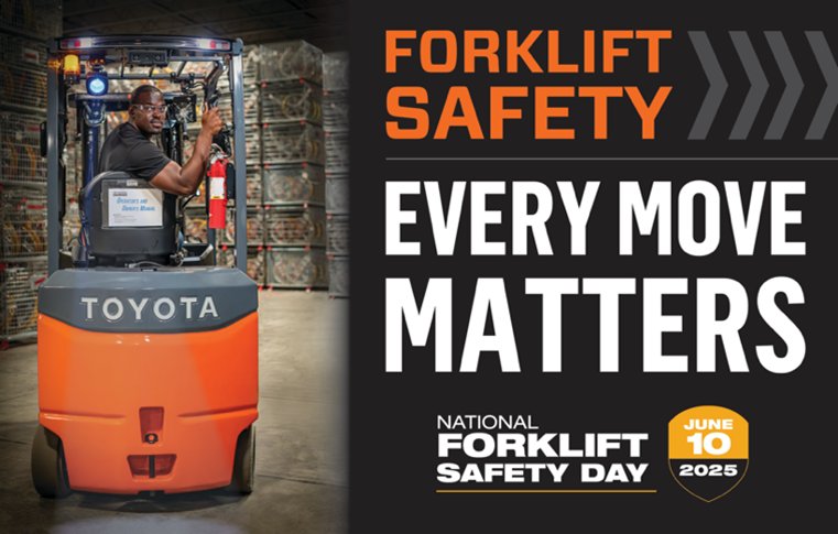 Image of orange forklift with man operating it and looking behind him with the words 'Forklift Safety. Every Move Matters' in bold orange and white letters in celebration of National Forklift Safety Day on June 10, 2025