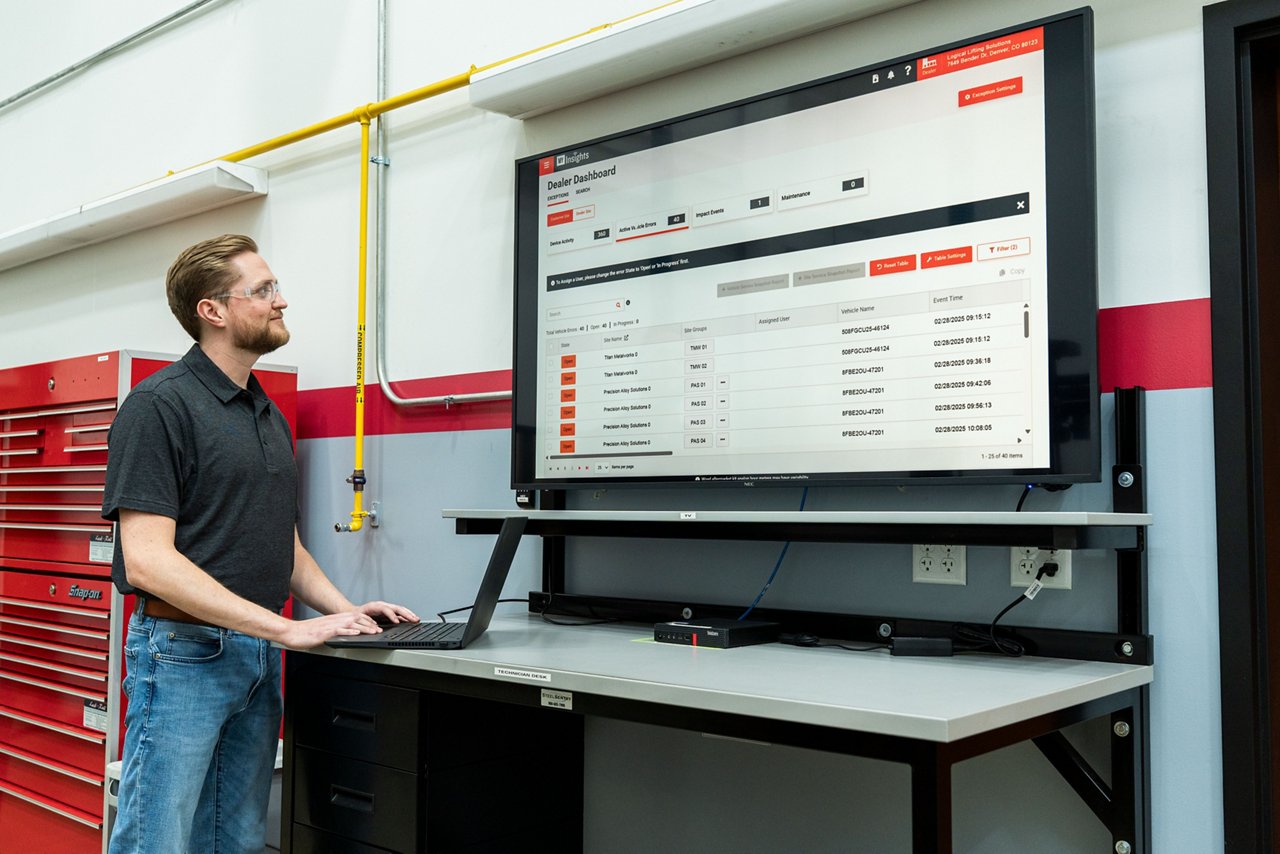 Homme grand et blond debout à côté d’un grand écran sur lequel s’affiche le tableau de bord MyInsights®