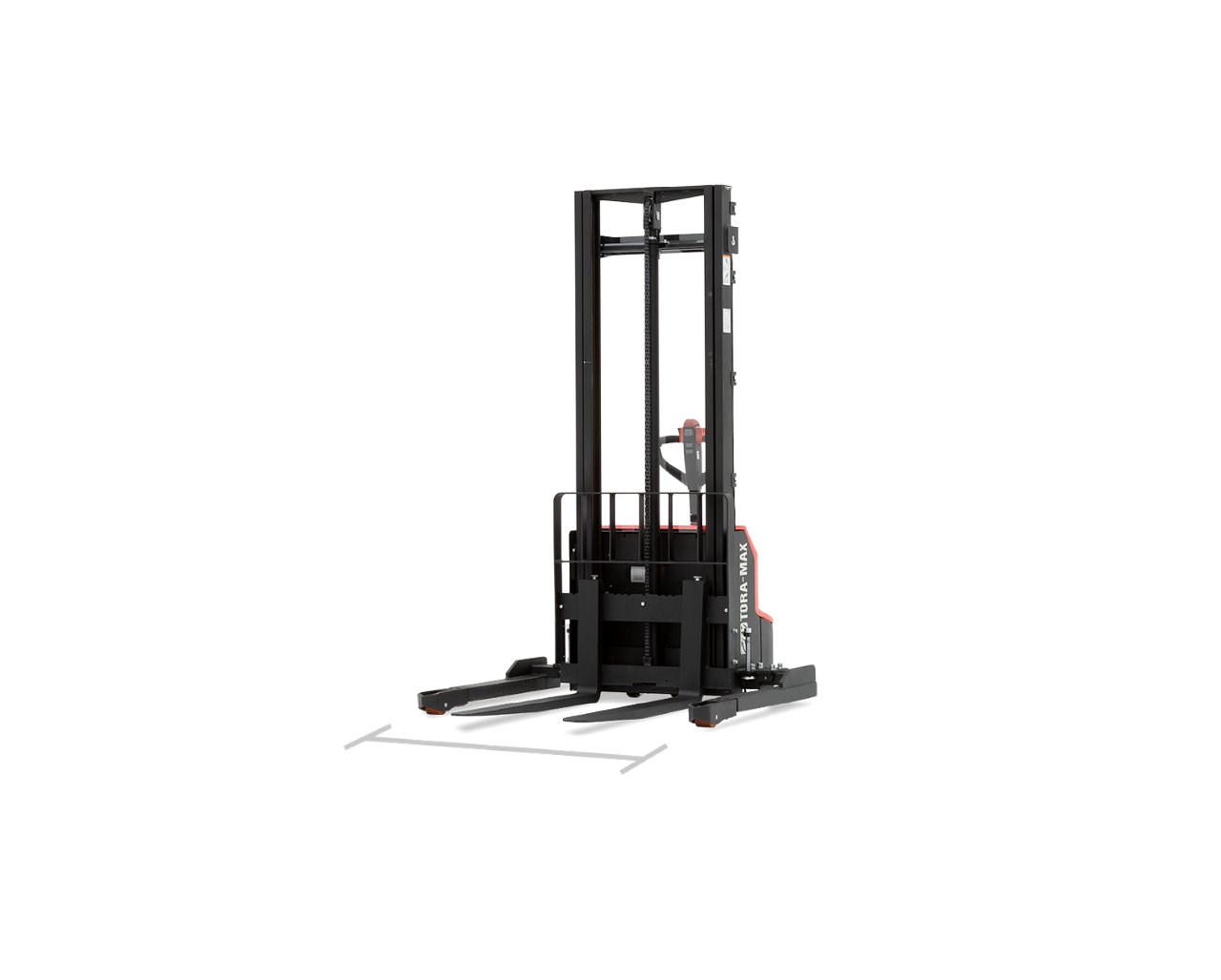 Image of stacker forklift with a line to show how wide the front of the forks are