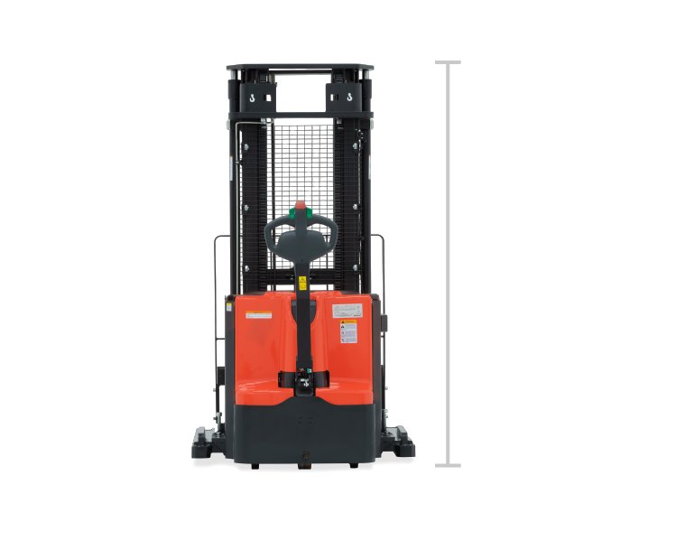 Image of stacker forklift with a line to show how the height of the unit 