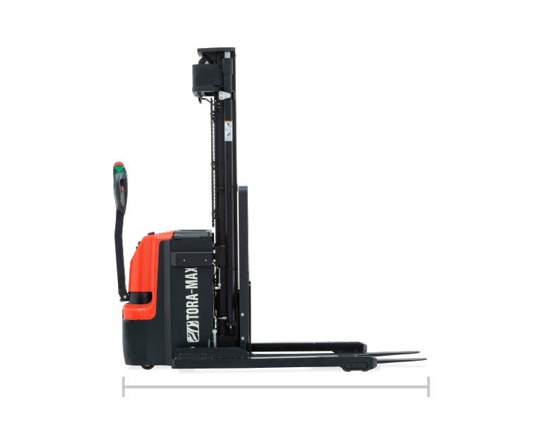 Image of stacker forklift with a line to show how long the front of the forks are to the front of the unit