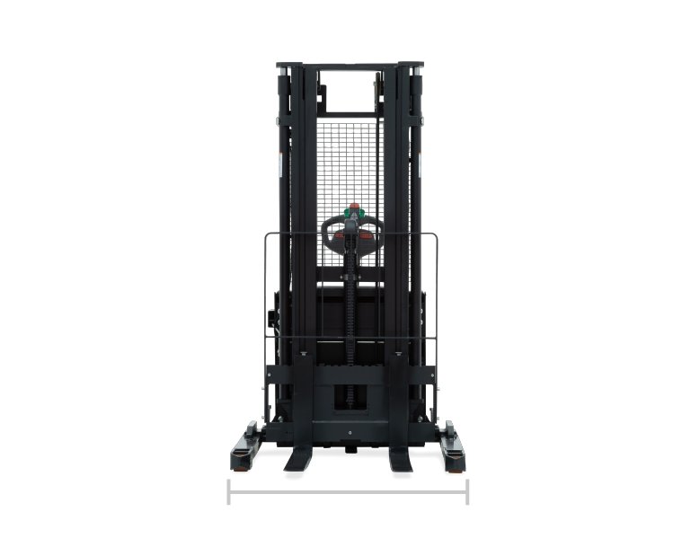 Image of stacker forklift with a line to show how wide the front of the forks are