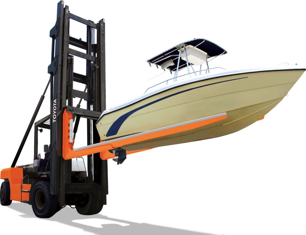 Orange Marina forklift carrying boat