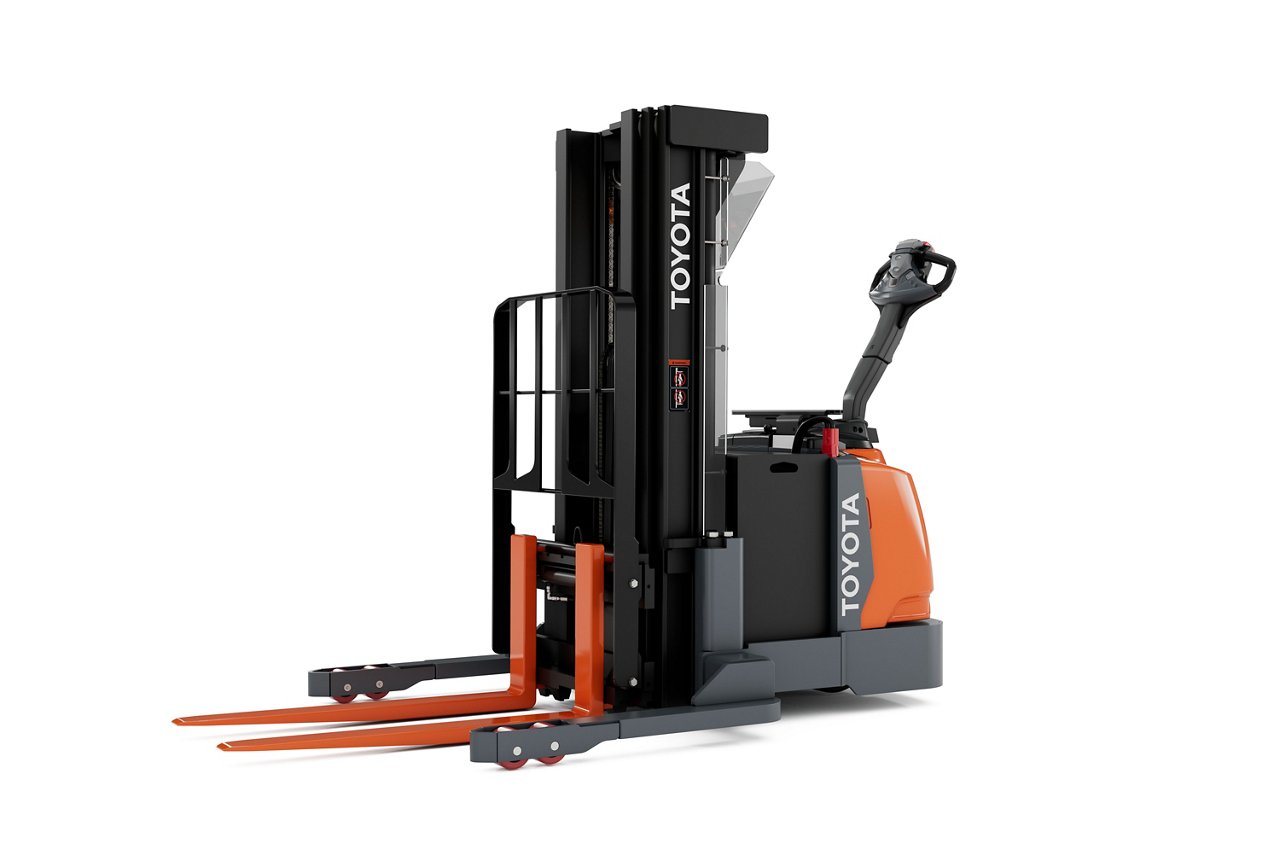 Orange Toyota Walkie Straddle Stacker turned to the back right 