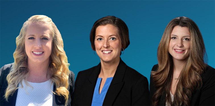Three headshots of TMH female associates against blue background