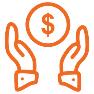 Icône des mains orange avec symbole d’argent