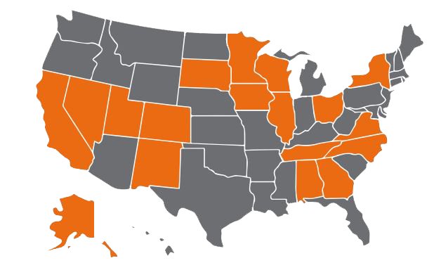 Map of the United States with color blocked states