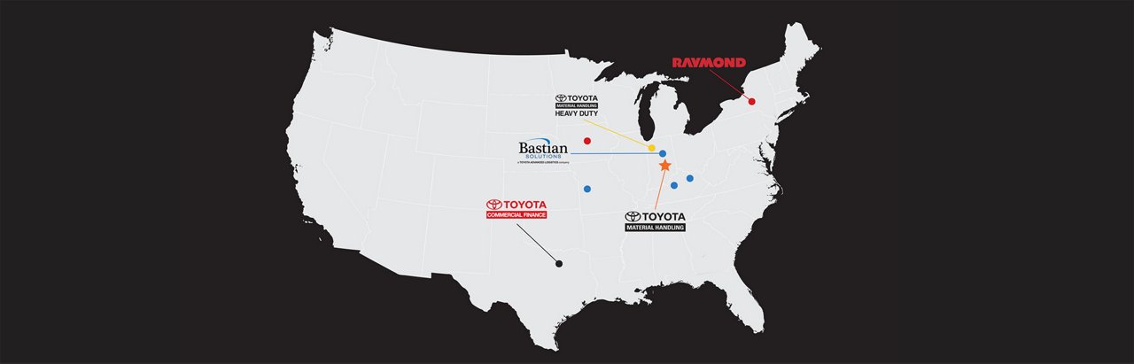 Mapa de Estados Unidos con las empresas hermanas de Toyota marcadas en función de su ubicación